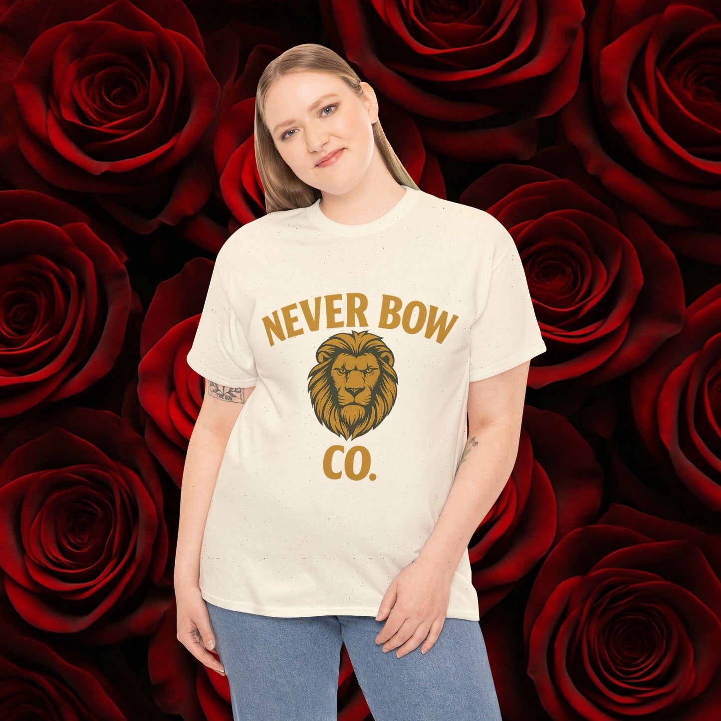 Never Bow Co. Heavy Tee – Cracked Crown Lion | Wear Defiance, Not Fashion. Premium cotton armour for warriors, rebels, and truth-tellers. Every stitch carries fire, every wear declares: I will never bow.