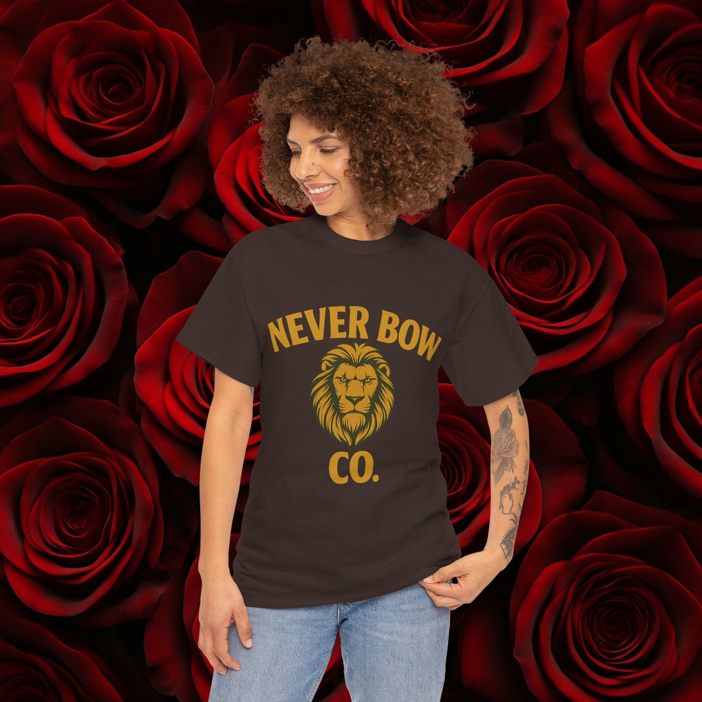 Never Bow Co. Heavy Tee – Cracked Crown Lion | Wear Defiance, Not Fashion. Premium cotton armour for warriors, rebels, and truth-tellers. Every stitch carries fire, every wear declares: I will never bow.