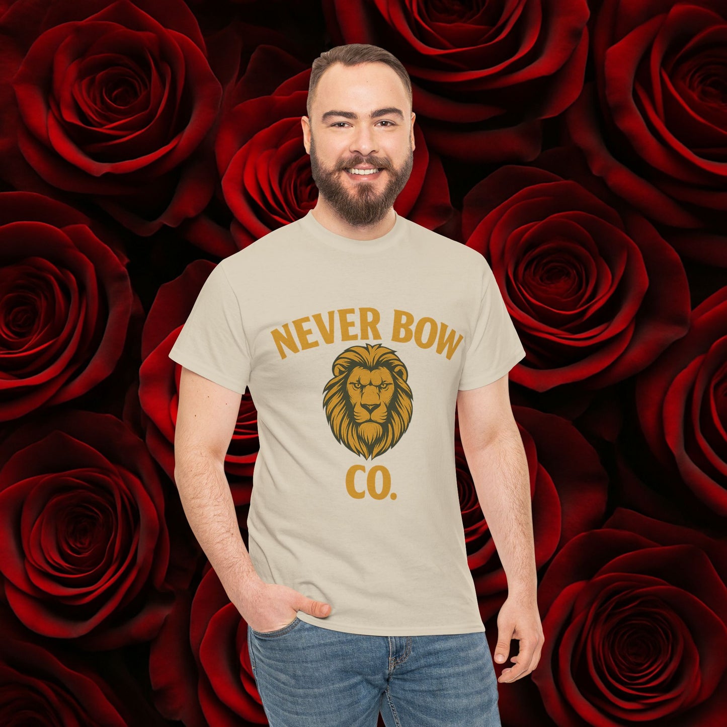 Never Bow Co. Heavy Tee – Cracked Crown Lion | Wear Defiance, Not Fashion. Premium cotton armour for warriors, rebels, and truth-tellers. Every stitch carries fire, every wear declares: I will never bow.