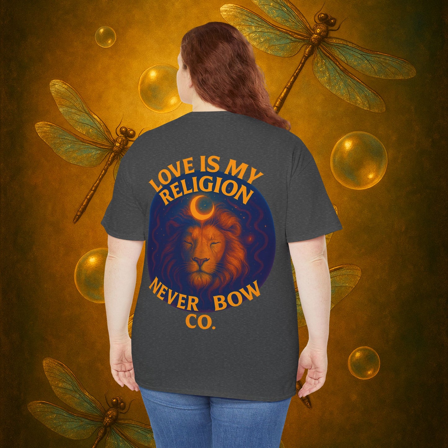 Never Bow Heavy Tee – “Love Is My Religion” | Wear Defiance, Not Fashion. Built for warriors, lovers, and truth-tellers. Every stitch declares rebellion, every wear is a sermon. Stand unshaken.