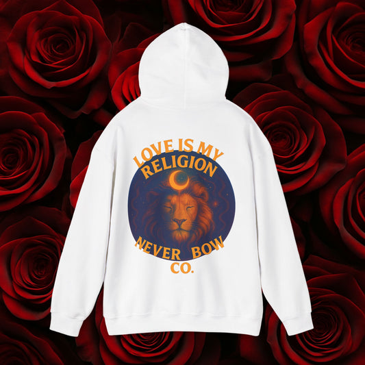 Never Bow Co “Love Is My Religion” Lion Crown Hoodie — Streetwear for Warriors Who Refuse to Break, Built for Comfort, Strength, and Soul, Carry Truth Fiercely, Love Boldly, and Never Bow Against the System.
