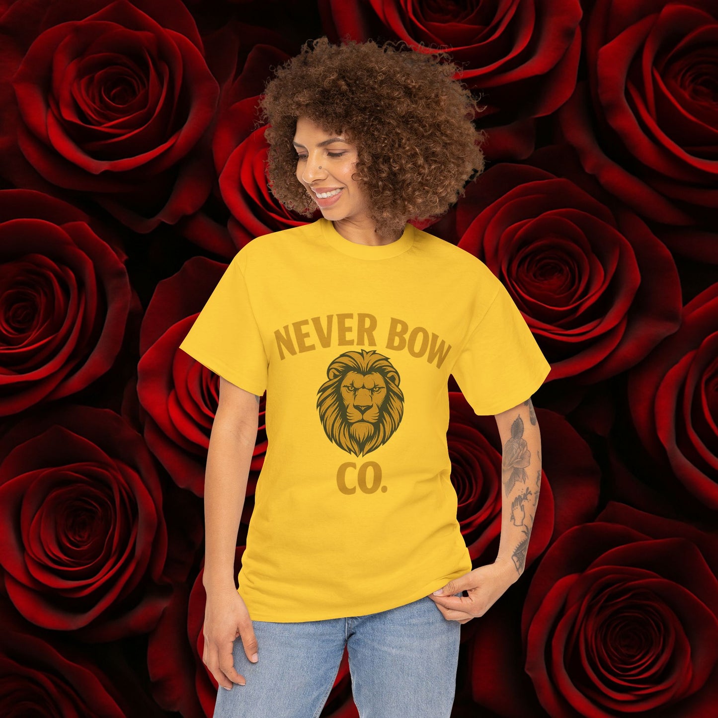 Never Bow Co. Heavy Tee – Cracked Crown Lion | Wear Defiance, Not Fashion. Premium cotton armour for warriors, rebels, and truth-tellers. Every stitch carries fire, every wear declares: I will never bow.