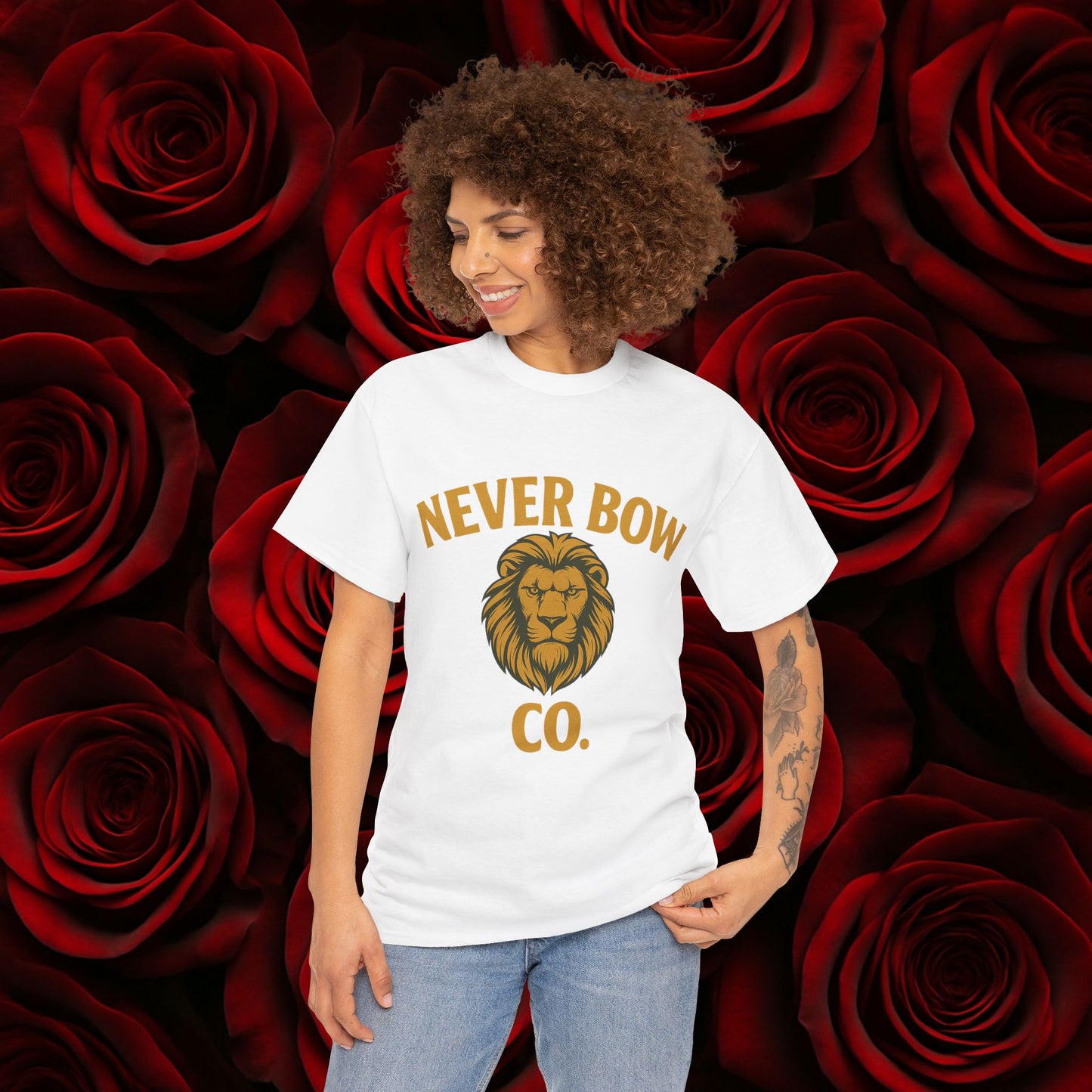 Never Bow Co. Heavy Tee – Cracked Crown Lion | Wear Defiance, Not Fashion. Premium cotton armour for warriors, rebels, and truth-tellers. Every stitch carries fire, every wear declares: I will never bow.