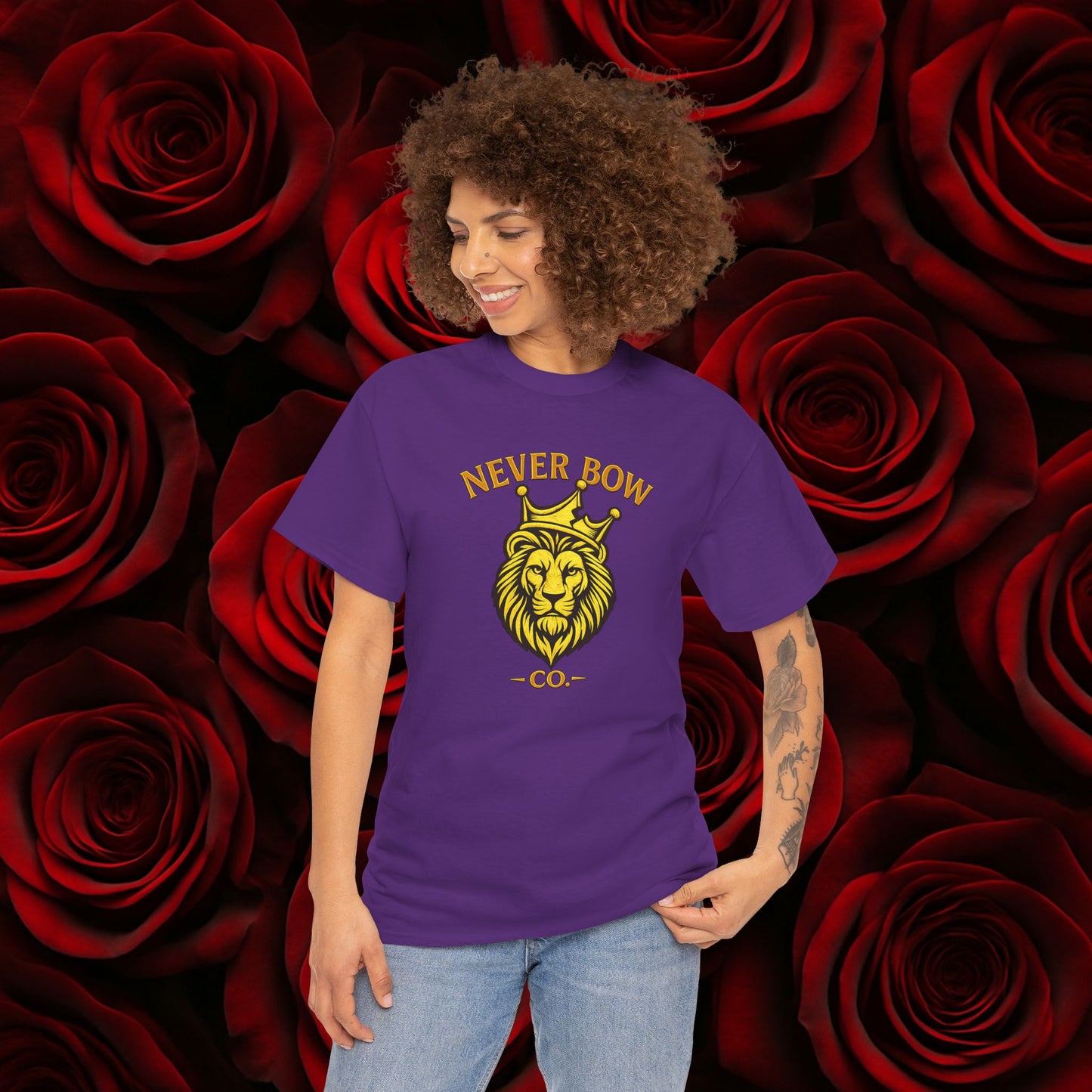 Never Bow Co. Heavy Tee – Cracked Crown Lion | Built for Rebels