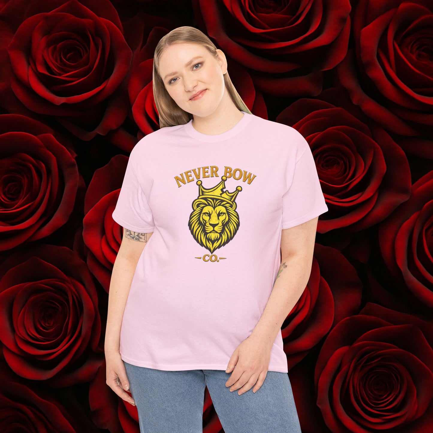 Never Bow Co. Heavy Tee – Cracked Crown Lion | Built for Rebels