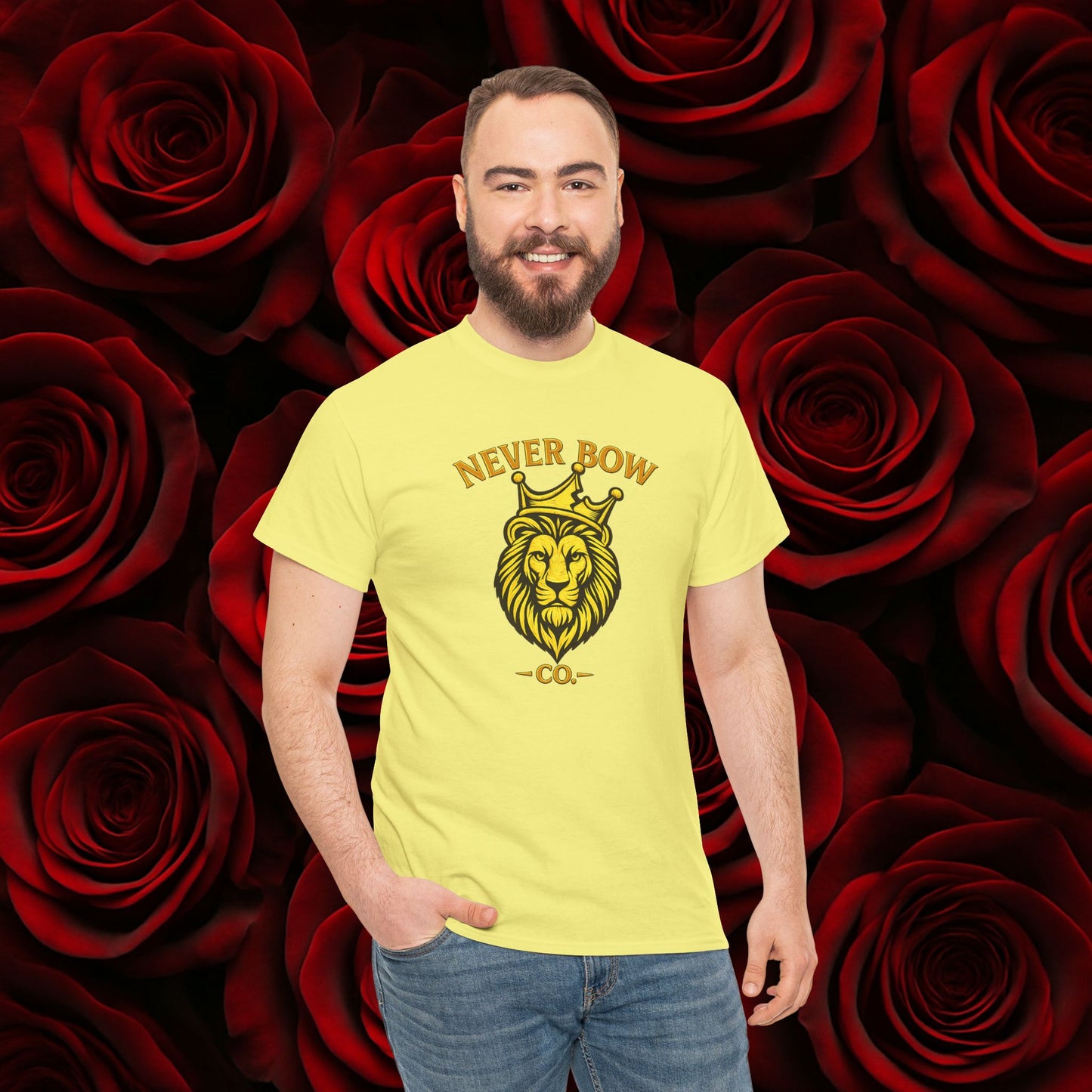 Never Bow Co. Heavy Tee – Cracked Crown Lion | Built for Rebels