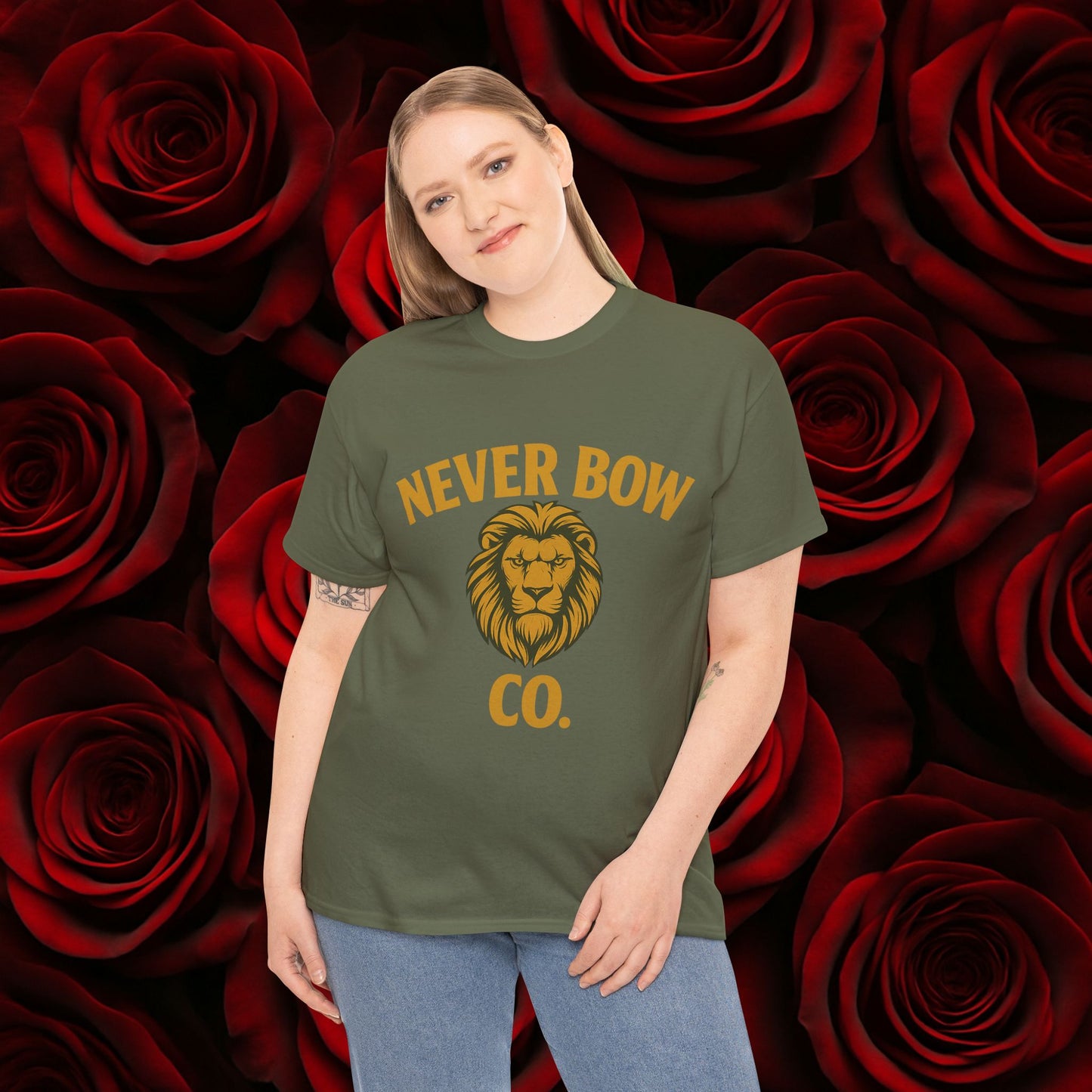 Never Bow Co. Heavy Tee – Cracked Crown Lion | Wear Defiance, Not Fashion. Premium cotton armour for warriors, rebels, and truth-tellers. Every stitch carries fire, every wear declares: I will never bow.