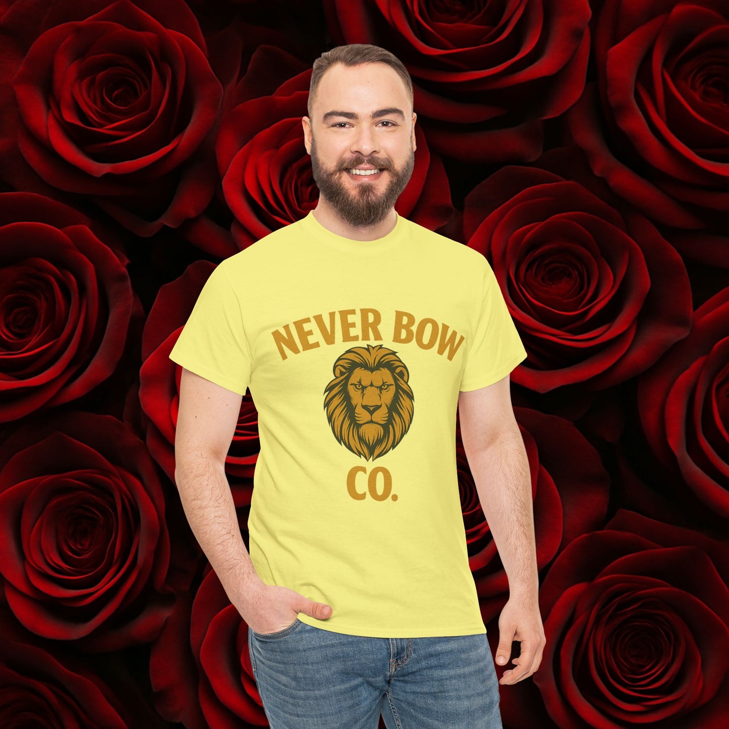 Never Bow Co. Heavy Tee – Cracked Crown Lion | Wear Defiance, Not Fashion. Premium cotton armour for warriors, rebels, and truth-tellers. Every stitch carries fire, every wear declares: I will never bow.