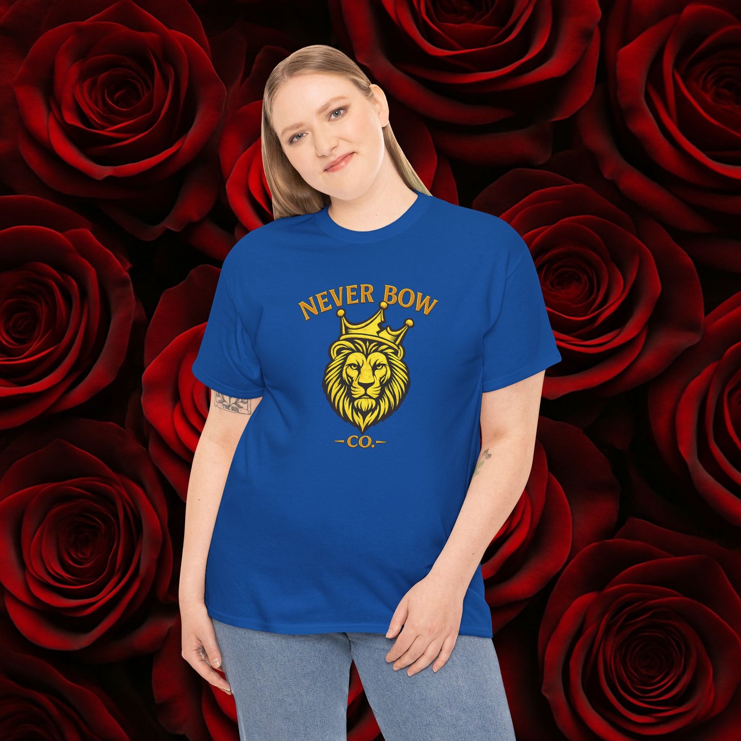 Never Bow Co. Heavy Tee – Cracked Crown Lion | Built for Rebels