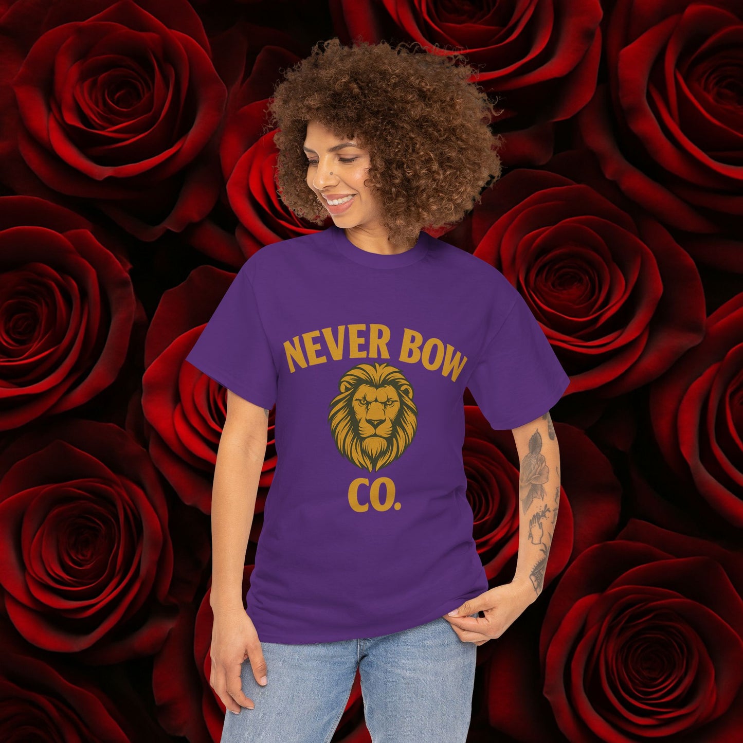 Never Bow Co. Heavy Tee – Cracked Crown Lion | Wear Defiance, Not Fashion. Premium cotton armour for warriors, rebels, and truth-tellers. Every stitch carries fire, every wear declares: I will never bow.