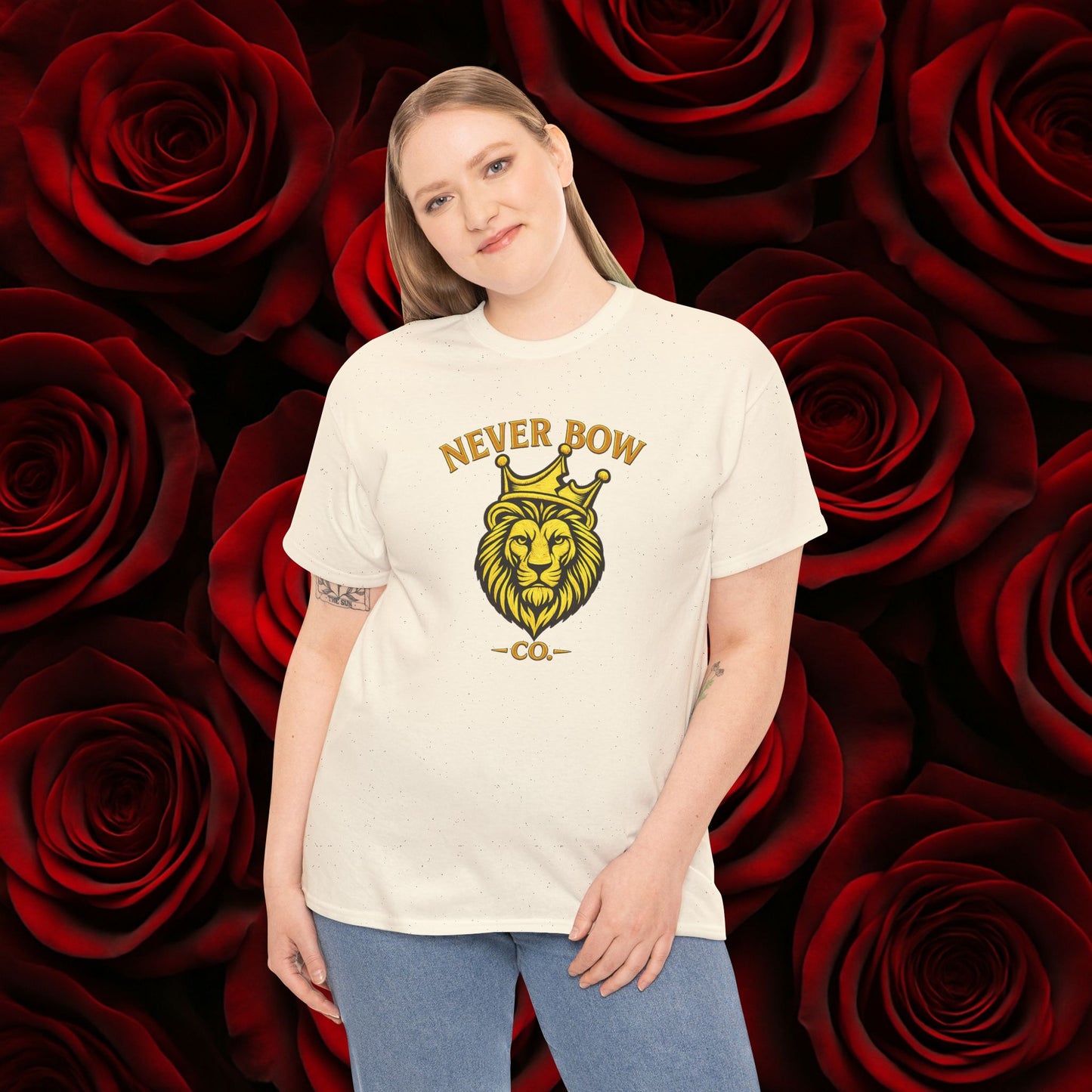 Never Bow Co. Heavy Tee – Cracked Crown Lion | Built for Rebels