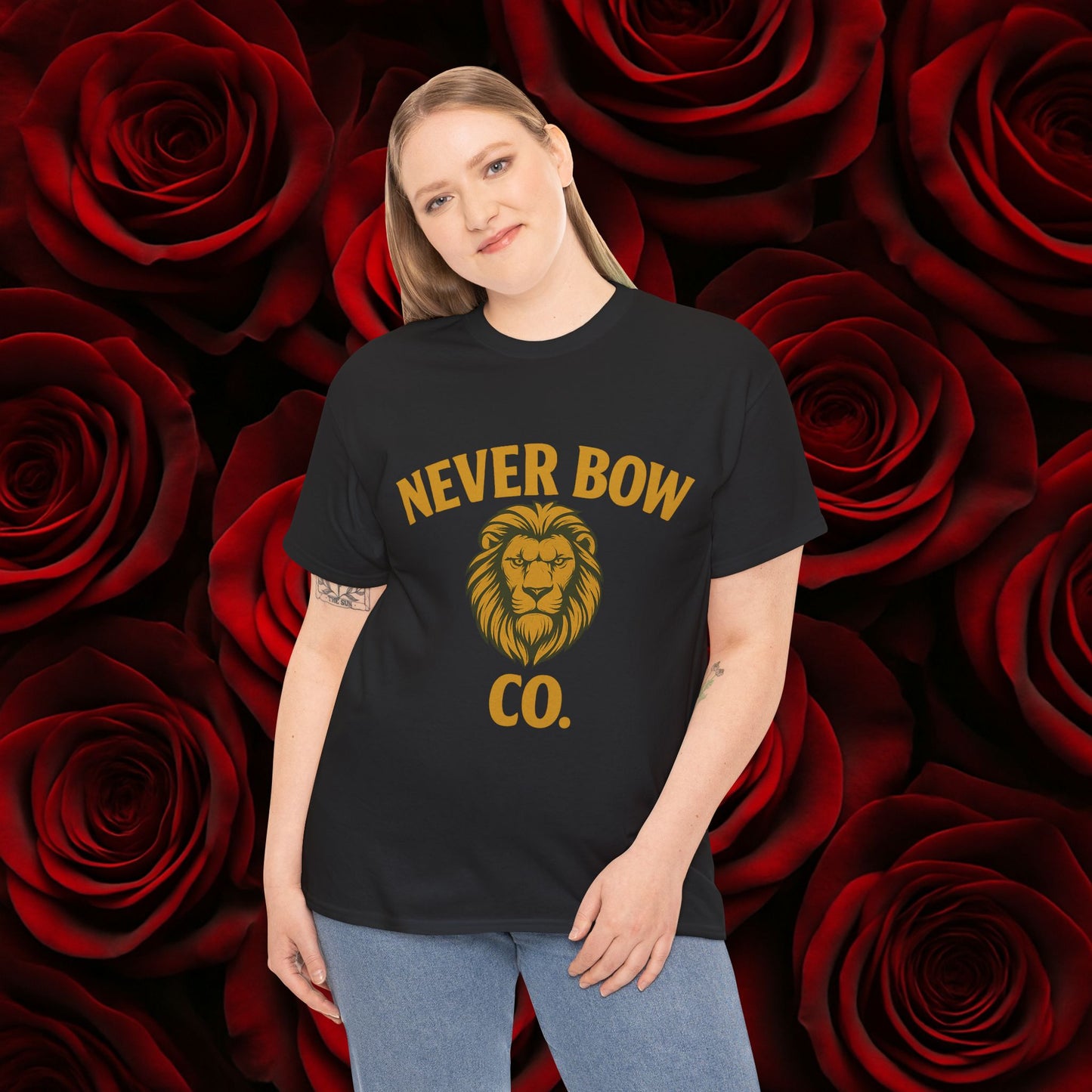Never Bow Co. Heavy Tee – Cracked Crown Lion | Wear Defiance, Not Fashion. Premium cotton armour for warriors, rebels, and truth-tellers. Every stitch carries fire, every wear declares: I will never bow.