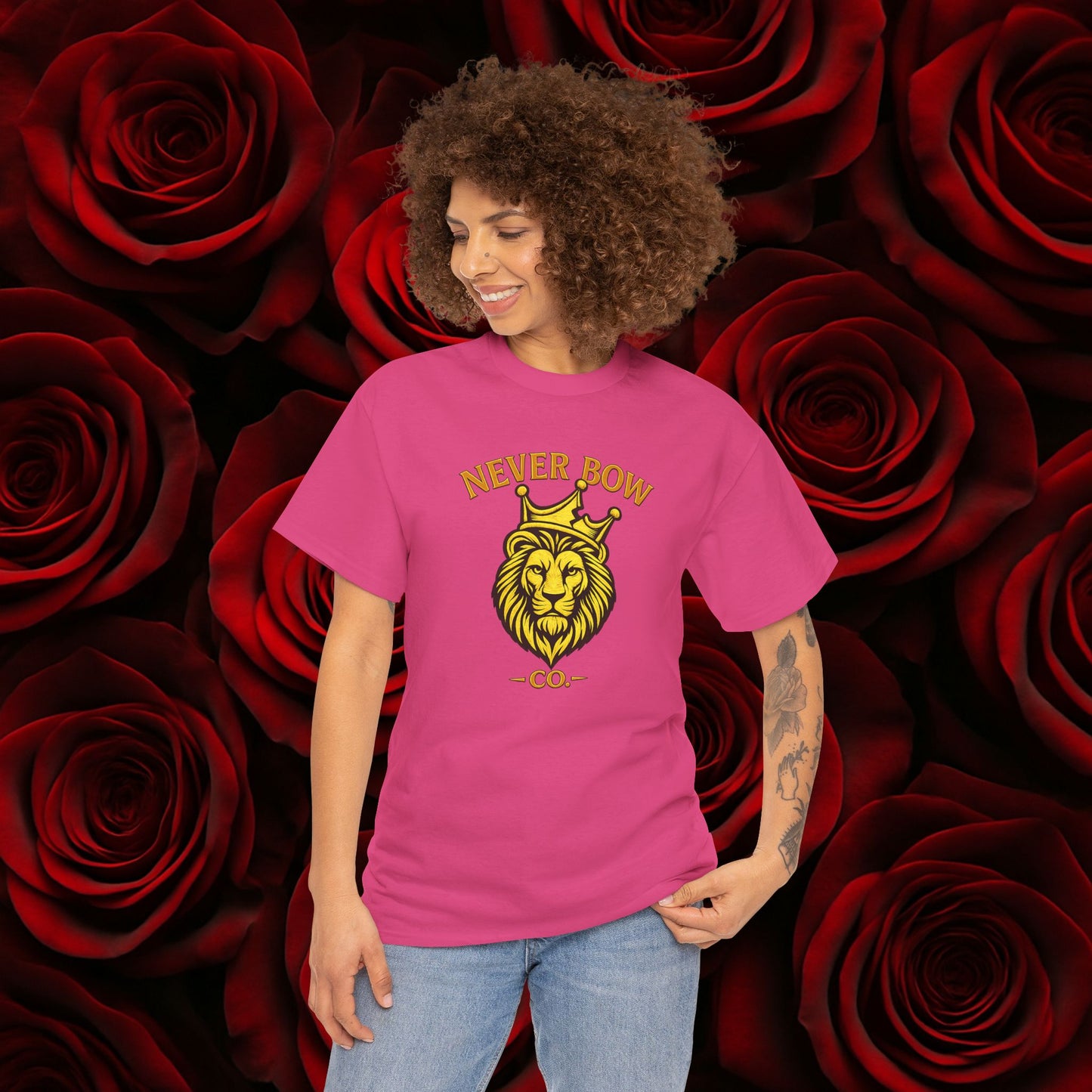 Never Bow Co. Heavy Tee – Cracked Crown Lion | Built for Rebels