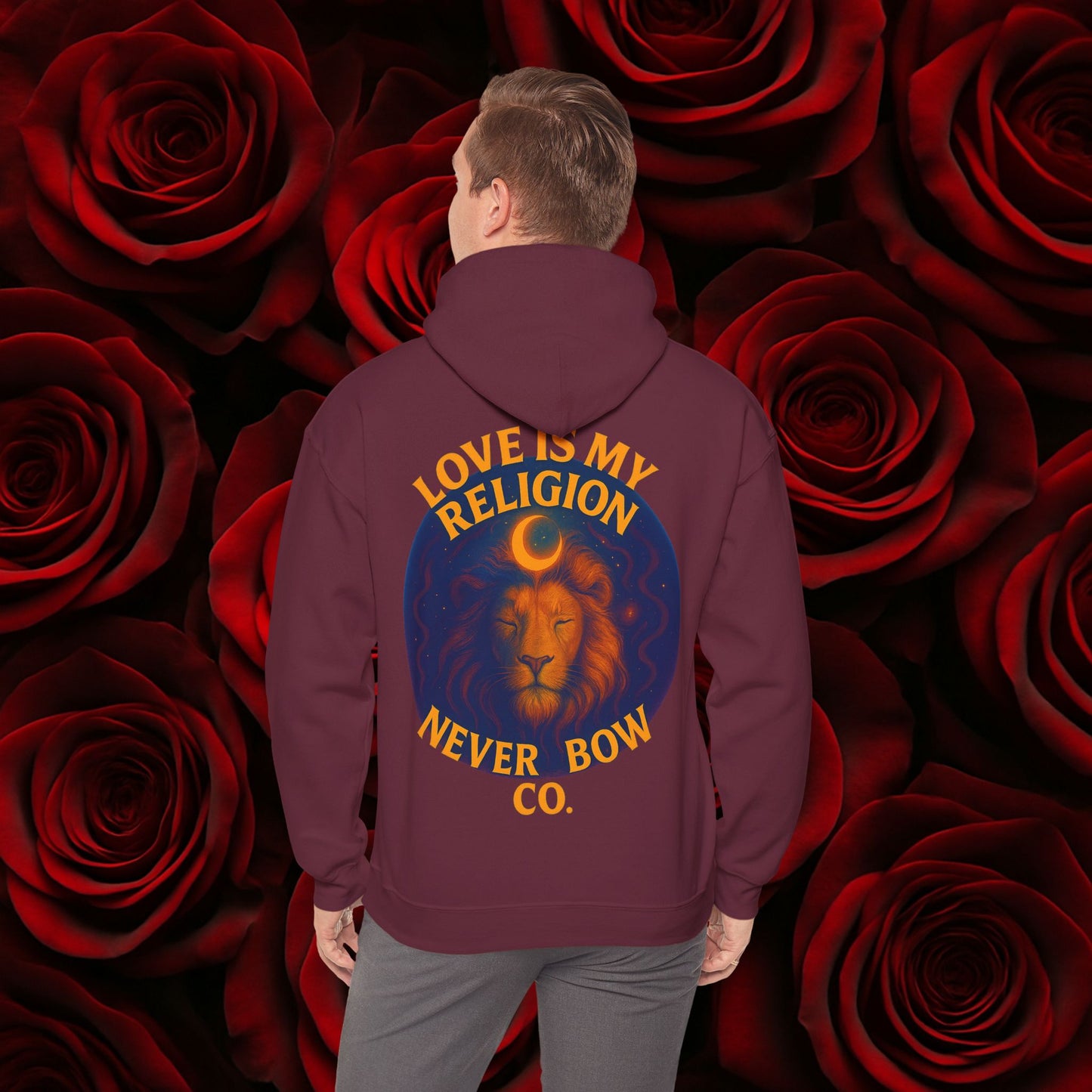 Never Bow Co “Love Is My Religion” Lion Crown Hoodie — Streetwear for Warriors Who Refuse to Break, Built for Comfort, Strength, and Soul, Carry Truth Fiercely, Love Boldly, and Never Bow Against the System.