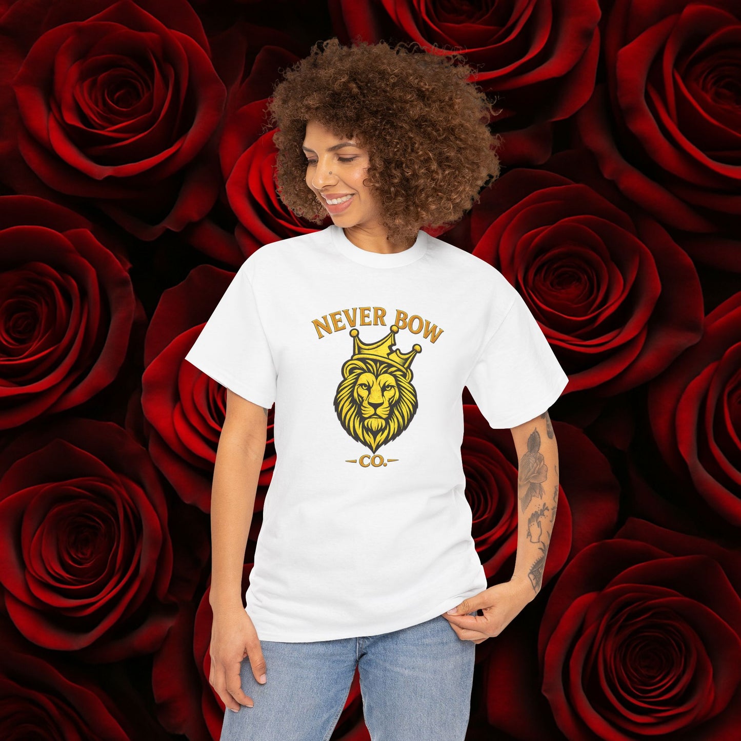 Never Bow Co. Heavy Tee – Cracked Crown Lion | Built for Rebels