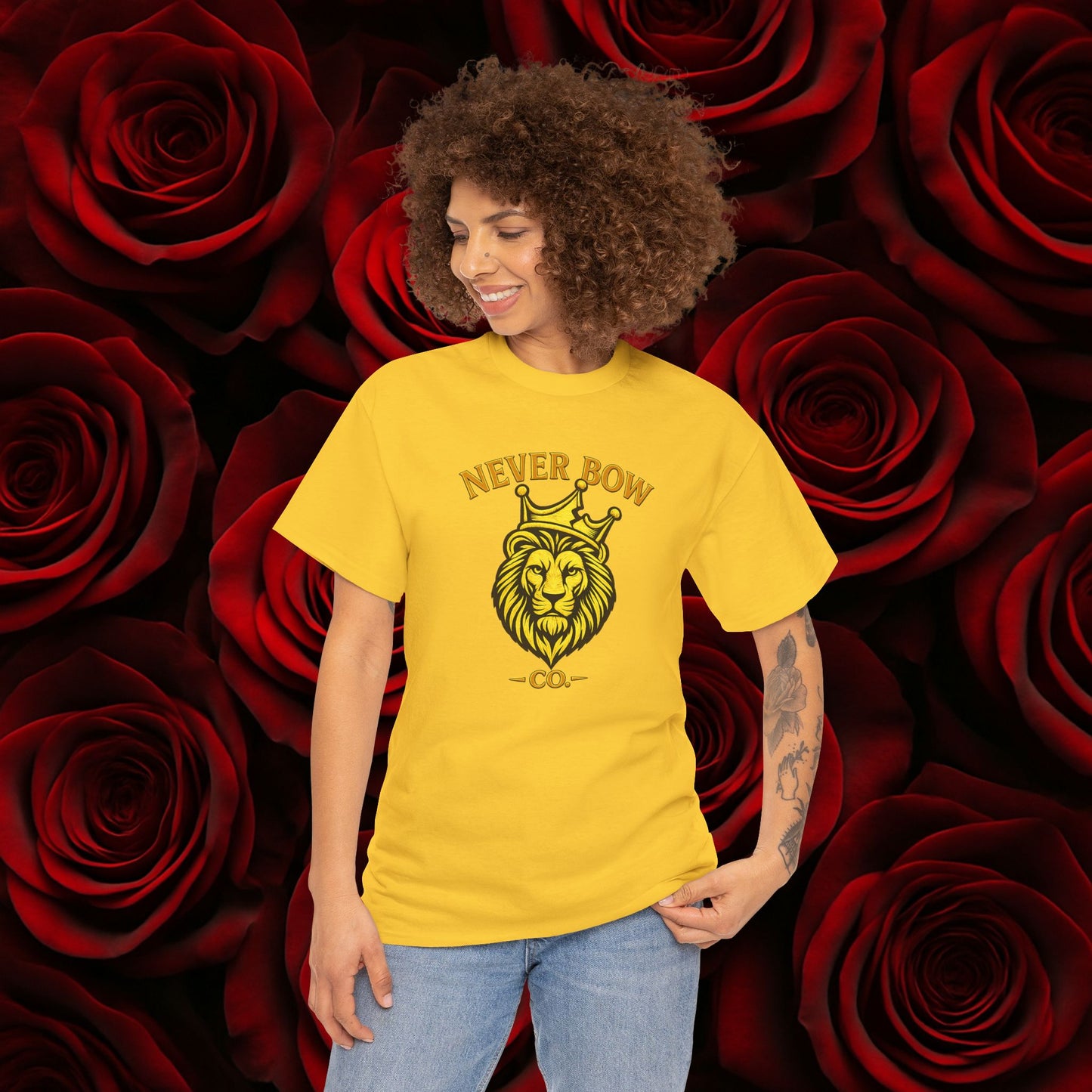 Never Bow Co. Heavy Tee – Cracked Crown Lion | Built for Rebels