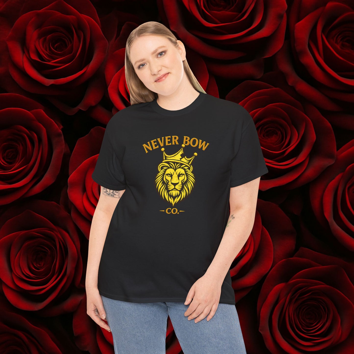 Never Bow Co. Heavy Tee – Cracked Crown Lion | Built for Rebels