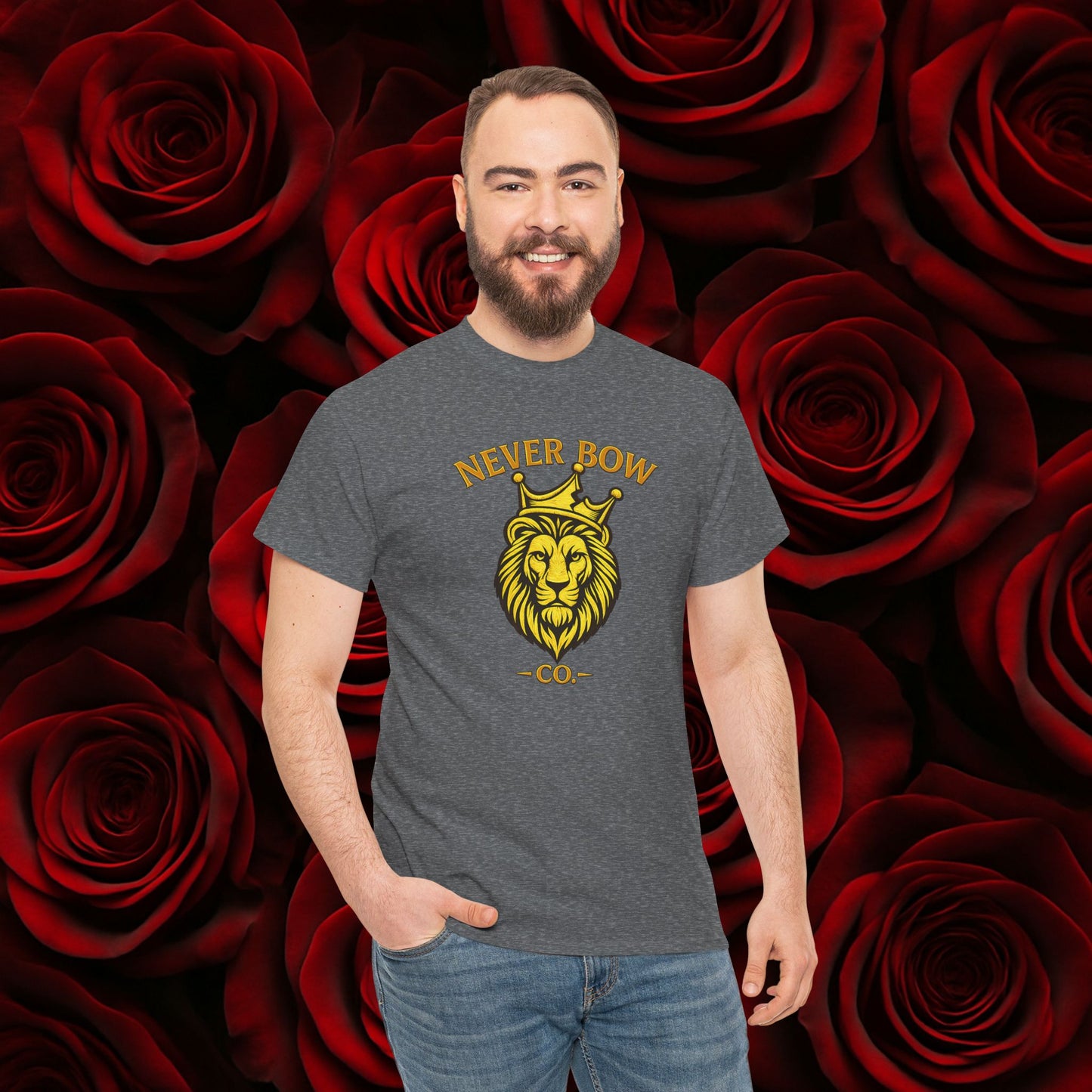 Never Bow Co. Heavy Tee – Cracked Crown Lion | Built for Rebels