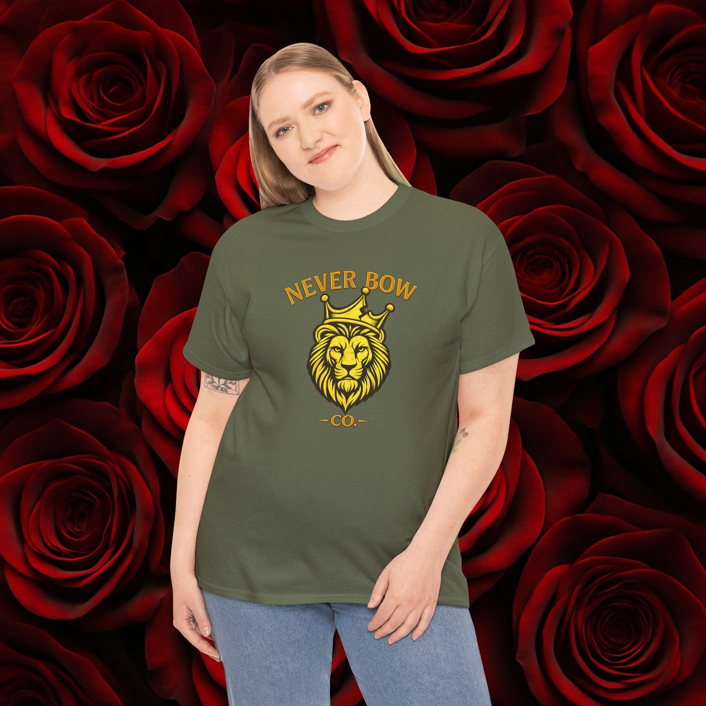 Never Bow Co. Heavy Tee – Cracked Crown Lion | Built for Rebels