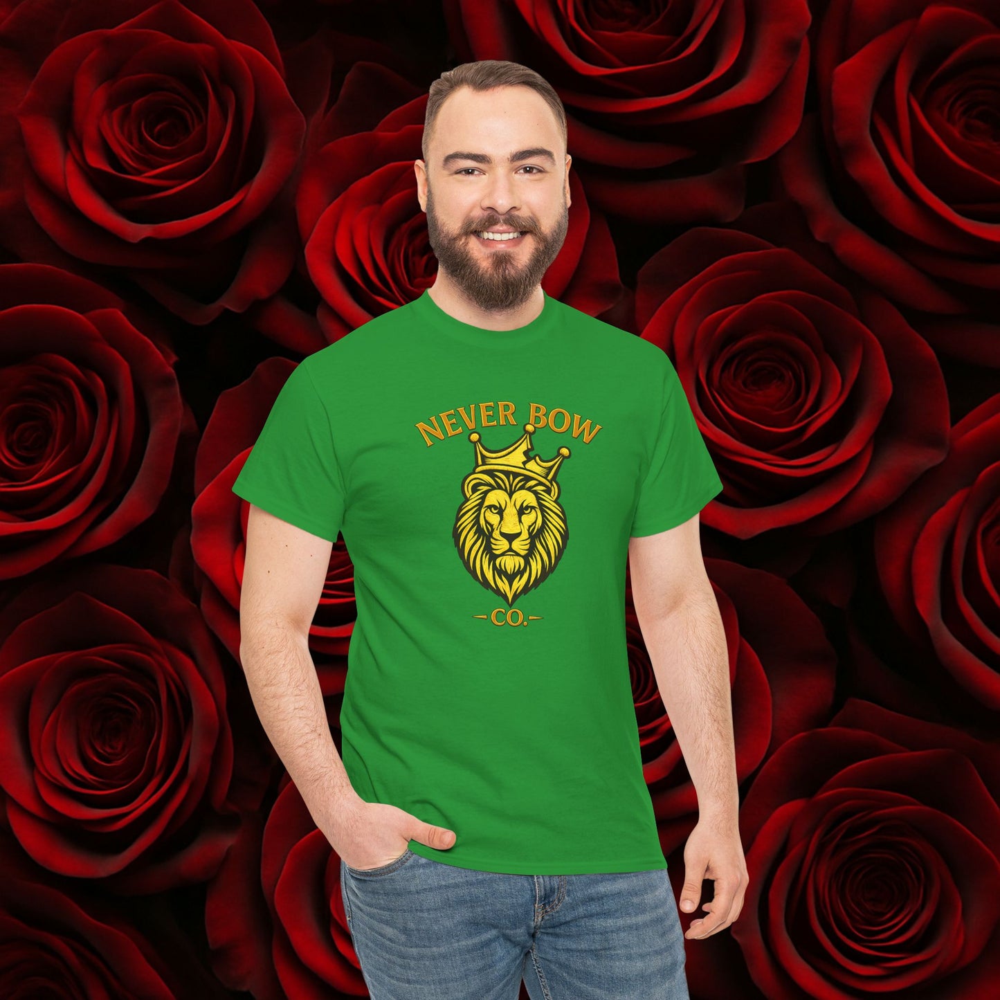 Never Bow Co. Heavy Tee – Cracked Crown Lion | Built for Rebels
