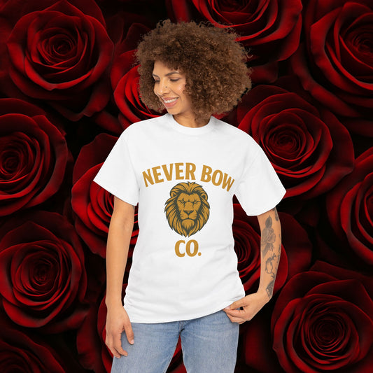 Never Bow Co. Heavy Tee – Cracked Crown Lion | Wear Defiance, Not Fashion. Premium cotton armour for warriors, rebels, and truth-tellers. Every stitch carries fire, every wear declares: I will never bow.